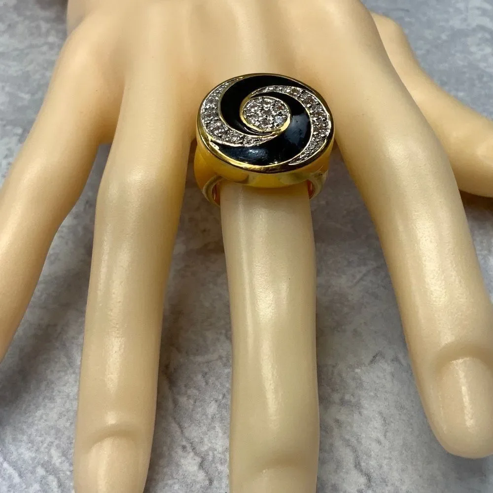 Black Enamel swirl statement ring in gold tone